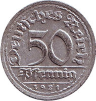 Монета 50 пфеннигов. 1921 год (G), Веймарская республика. Монета 50 пфеннигов. 1921 год (G), Веймарская республика.