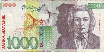 Банкнота 1000 толаров. 1992 год, Словения. Франце Прешерн.