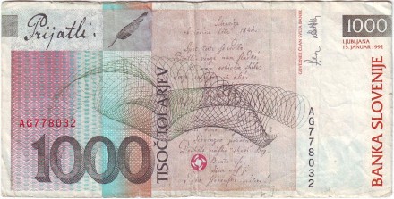 Банкнота 1000 толаров. 1992 год, Словения. Франце Прешерн.