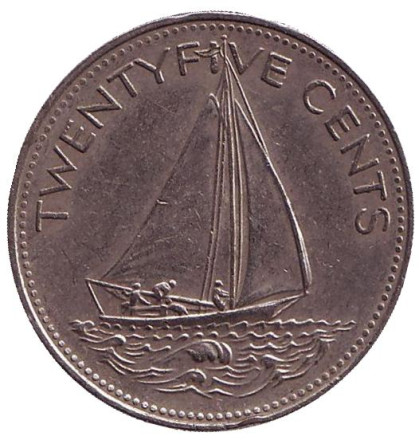 Монета 25 центов. 1991 год, Багамские острова. Парусник.