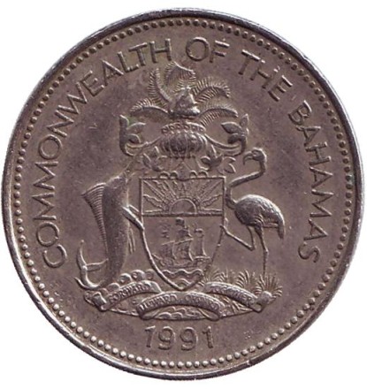 Монета 25 центов. 1991 год, Багамские острова. Парусник.