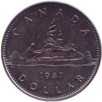Индейцы в каноэ. Монета 1 доллар. 1987 год, Канада. Старый тип.