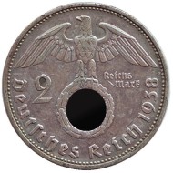 Монета 2 рейхсмарки. 1938 год, Германия (Третий Рейх). (G). Монета 2 рейхсмарки. 1938 год, Германия (Третий Рейх). (G).