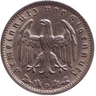 Монета 1 рейхсмарка. 1933 год, Германия (Третий Рейх). (D). Монета 1 рейхсмарка. 1933 год, Германия (Третий Рейх). (D).