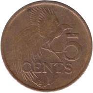 Монета 5 центов. 2012 год, Тринидад и Тобаго. Райская птица.