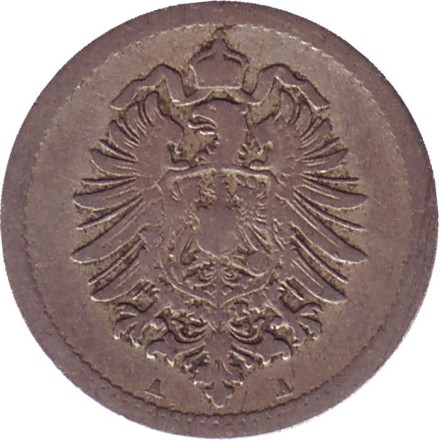 Монета 5 пфеннигов. 1874 год (А), Германская империя. Монета 5 пфеннигов. 1874 год (А), Германская империя.