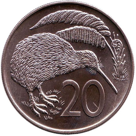 Монета 20 центов. 1969 год, Новая Зеландия. UNC. Киви (птица).