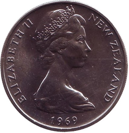 Монета 20 центов. 1969 год, Новая Зеландия. UNC. Киви (птица). Монета 20 центов. 1969 год, Новая Зеландия. UNC. Киви (птица).