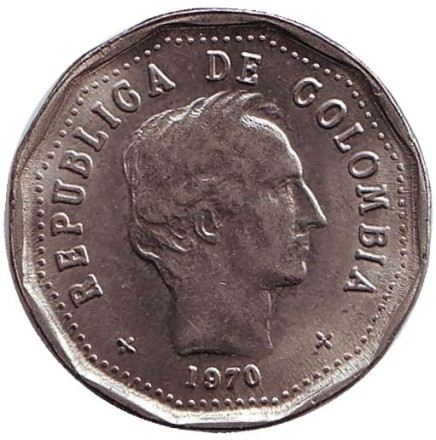 Монета 50 сентаво. 1970 год, Колумбия. Симон Боливар.