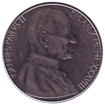 Монета 100 лир. 1988 год, Ватикан. Иоанн Павел II. Адам называет животных.