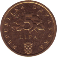 Монета 5 лип. 2014 год, Хорватия. Дуб черешчатый.