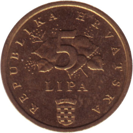Монета 5 лип. 2014 год, Хорватия. Дуб черешчатый.