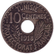 Монета 10 сантимов. 1918 год, Тунис (протекторат Франции). Монета 10 сантимов. 1918 год, Тунис (протекторат Франции).