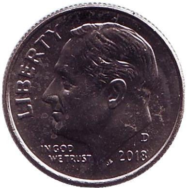 Монета 10 центов. 2018 (D) год, США. Рузвельт.