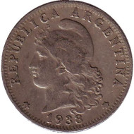 Монета 20 сентаво. 1938 год, Аргентина.