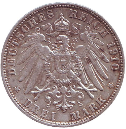 Монета 3 марки. 1910 год, Германская империя. Вюртемберг. Монета 3 марки. 1910 год, Германская империя. Вюртемберг.