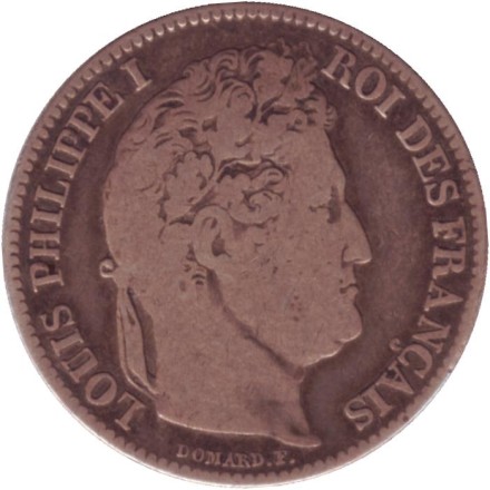 Монета 1 франк. 1847 год (А), Франция.