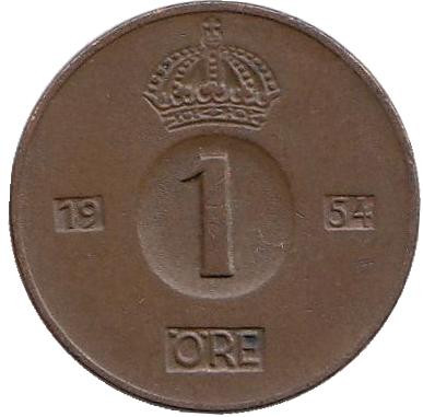 Монета 1 эре. 1954 год, Швеция.