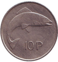 Монета 10 пенсов. 1974 год, Ирландия. Лосось. Монета 10 пенсов. 1974 год, Ирландия. Лосось.