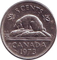 Монета 5 центов. 1973 год, Канада. Из обращения. Бобр. Монета 5 центов. 1973 год, Канада. Из обращения. Бобр.