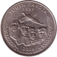 Монета 25 центов (P). 2006 год, США. Южная Дакота. Штат № 40. Монета 25 центов (P). 2006 год, США. Южная Дакота. Штат № 40.