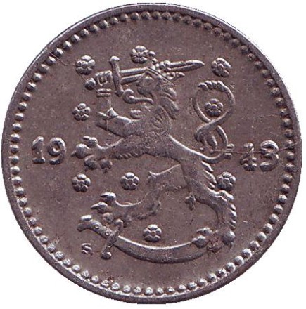 Монета 1 марка. 1943 год (железо), Финляндия.