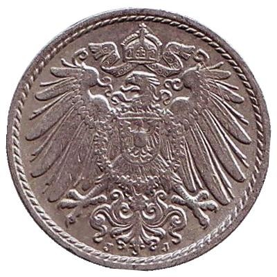 Монета 5 пфеннигов. 1911 год (J), Германская империя.