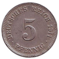 Монета 5 пфеннигов. 1911 год (J), Германская империя.
