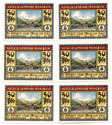 Набор нотгельдов Манебаха (6 штук). 50 пфеннигов, 1921 год, Веймарская республика (Германия). Набор нотгельдов Манебаха (6 штук). 50 пфеннигов, 1921 год, Веймарская республика (Германия).