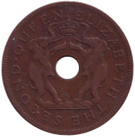 Монета 1 пенни. 1956 год, Родезия и Ньясалэнд. Слоны.