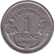 Монета 1 франк. 1947 год, Франция. Монета 1 франк. 1947 год, Франция.