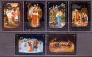 Марки почтовые Серия из 6 штук. 1977 год, СССР. Народные промыслы села Федоскино. Марки почтовые Серия из 6 штук. 1977 год, СССР. Народные промыслы села Федоскино.