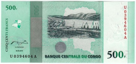 Банкнота 500 франков. 2010 год, Конго. 50 лет независимости Конго. Мост Кинсука. Банкнота 500 франков. 2010 год, Конго. 50 лет независимости Конго. Мост Кинсука.