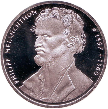 Монета 10 марок. 1997 год (G), ФРГ. 500-летие со дня рождения Филиппа Меланхтона.