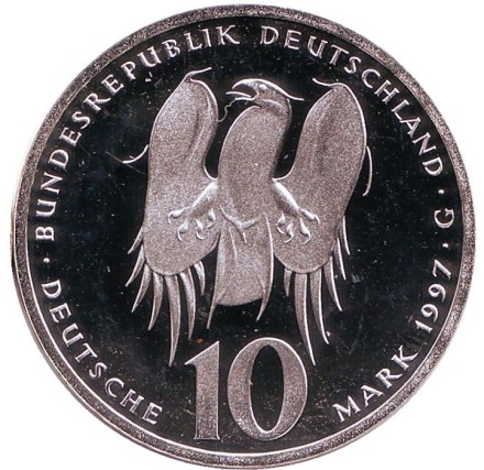Монета 10 марок. 1997 год, ФРГ. 500-летие со дня рождения Филиппа Меланхтона. (G). Proof. Монета 10 марок. 1997 год, ФРГ. 500-летие со дня рождения Филиппа Меланхтона. (G). Proof.