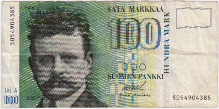 Банкнота 100 марок. 1986 год, Финляндия. (Litt.A). Ян Сибелиус.