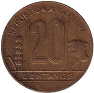 Монета 20 сентаво. 1948 год, Аргентина.