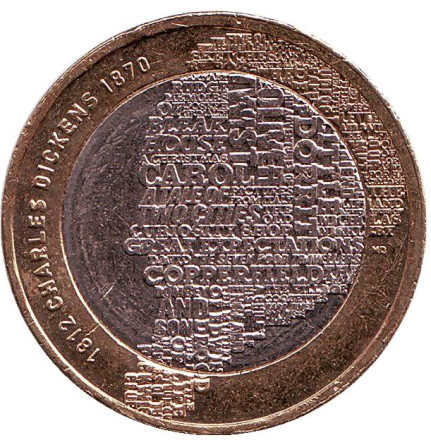Монета 2 фунта. 2012 год, Великобритания. 200 лет со дня рождения Чарльза Диккенса.