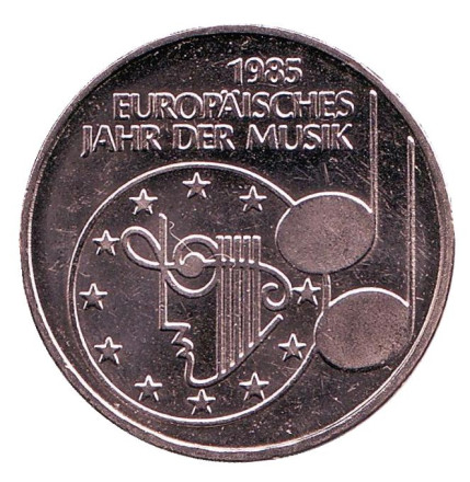 Монета 5 марок. 1985 год, ФРГ. UNC. Европейский год музыки.