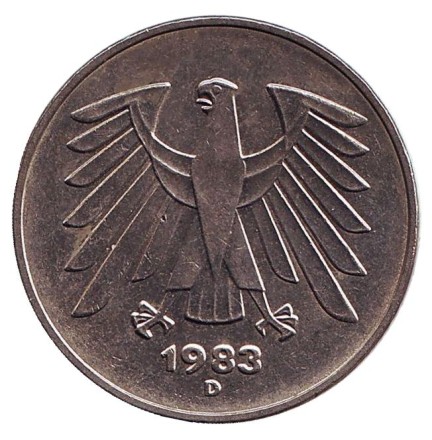 Монета 5 марок. 1983 год (D), Германия. Монета 5 марок. 1983 год (D), Германия.
