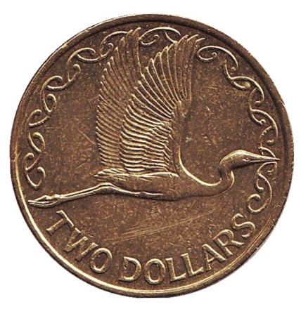 Монета 2 доллара. 2014 год, Новая Зеландия. Белая цапля.