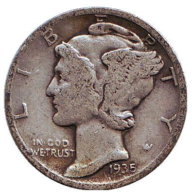 Монета 10 центов. 1935 год, США. Монетный двор D. Меркурий.