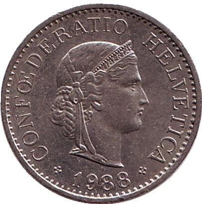 Монета 10 раппенов. 1988 год, Швейцария. Монета 10 раппенов. 1988 год, Швейцария.