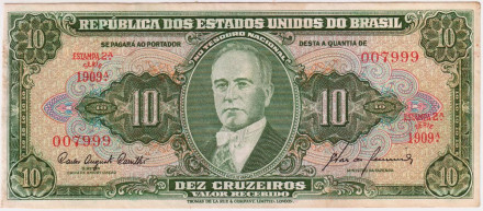 Банкнота 10 крузейро. 1953-1960 гг., Бразилия. P-159f.