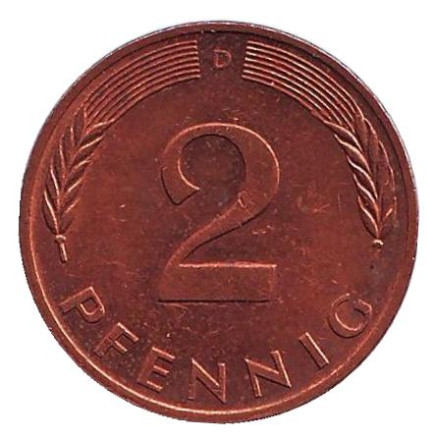 Монета 2 пфеннига. 1985 год (D), ФРГ. Дубовые листья.