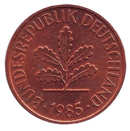 Монета 2 пфеннига. 1985 год (D), ФРГ. Дубовые листья.