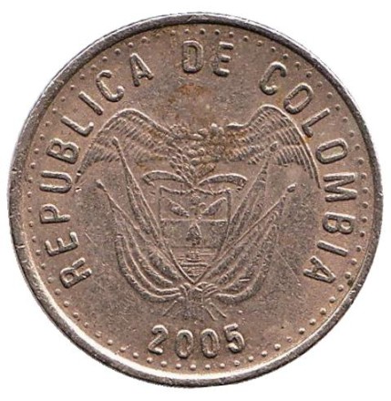 Монета 50 песо. 2005 год, Колумбия.