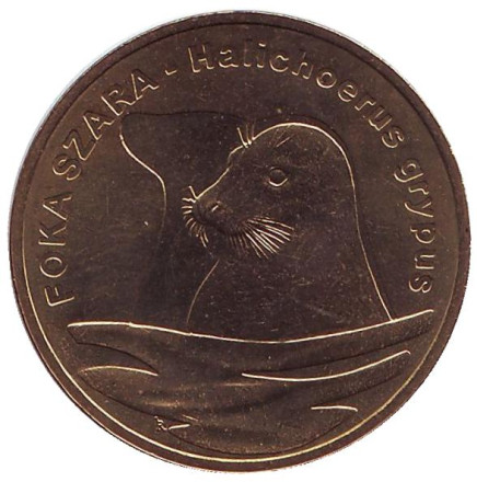 Монета 2 злотых, 2007 год, Польша. Длинномордый тюлень.