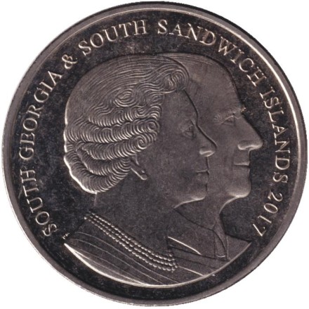 Монета 2 фунта. 2017 год, Южная Георгия и Южные Сандвичевы острова. 70 лет свадьбе Королевы Елизаветы II и Принца Филиппа. Филипп. Монета 2 фунта. 2017 год, Южная Георгия и Южные Сандвичевы острова. 70 лет свадьбе Королевы Елизаветы II и Принца Филиппа. Филипп.