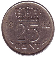 Монета 25 центов. 1962 год, Нидерланды. Монета 25 центов. 1962 год, Нидерланды.